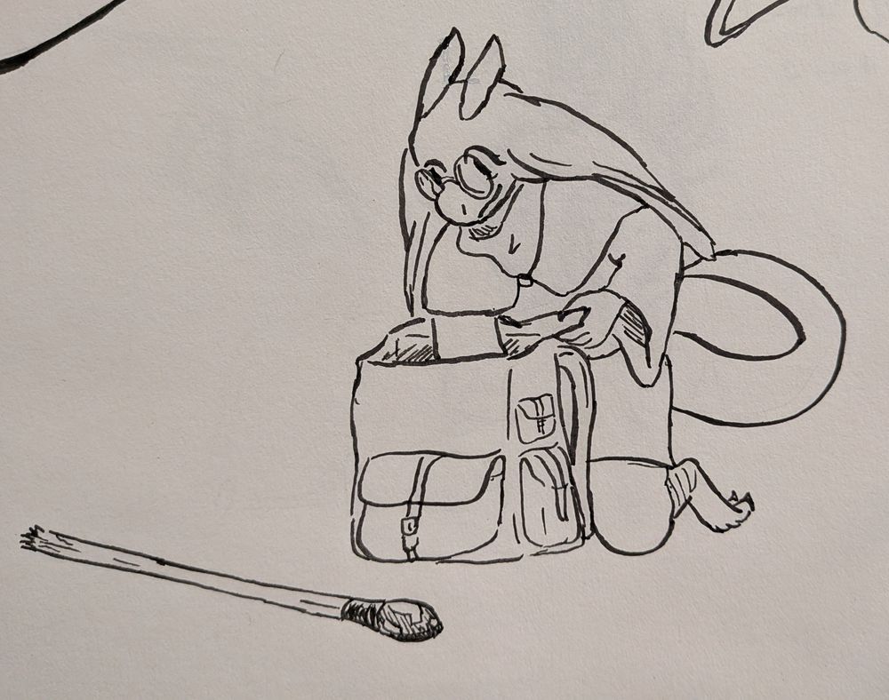the same kobold wizard with their hat off, kneeling down and digging through their backpack. set in front of them is their staff with a magic gem on it and a splintered bottom implying it used to be for a much taller wizard