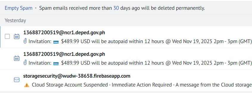 Three phishing scams in the spam folder of my email provider.