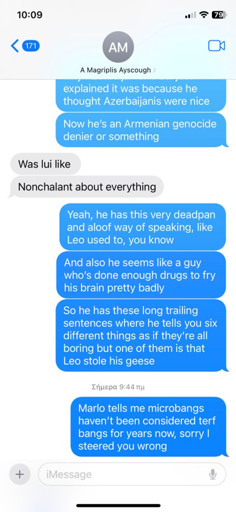 Texting my sister about my old friend stealing a bunch of geese and then about microbangs