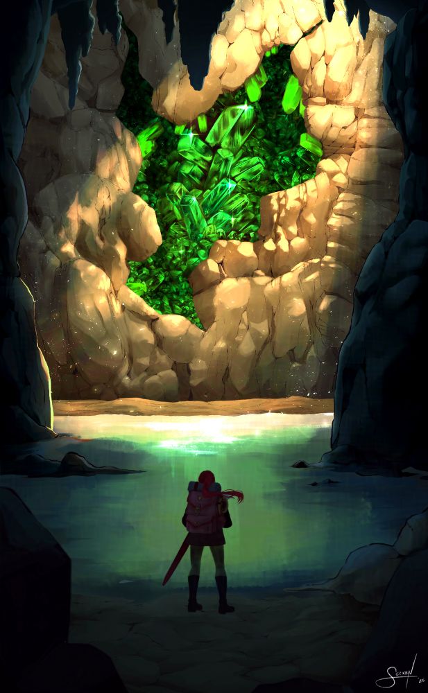 Golden light shines down from the right corner diagonally to show a cave wall that has large glowing emeralds inside and still shimmering water. Dark cave walls and stalactites frame the lit wall while the water leads to the midground and foreground. In the foreground, a person with long red hair in a ponytail swaying in the wind, a large traveler's backpack, and a sheathed sword on their hip, looks across the water and at the emeralds.