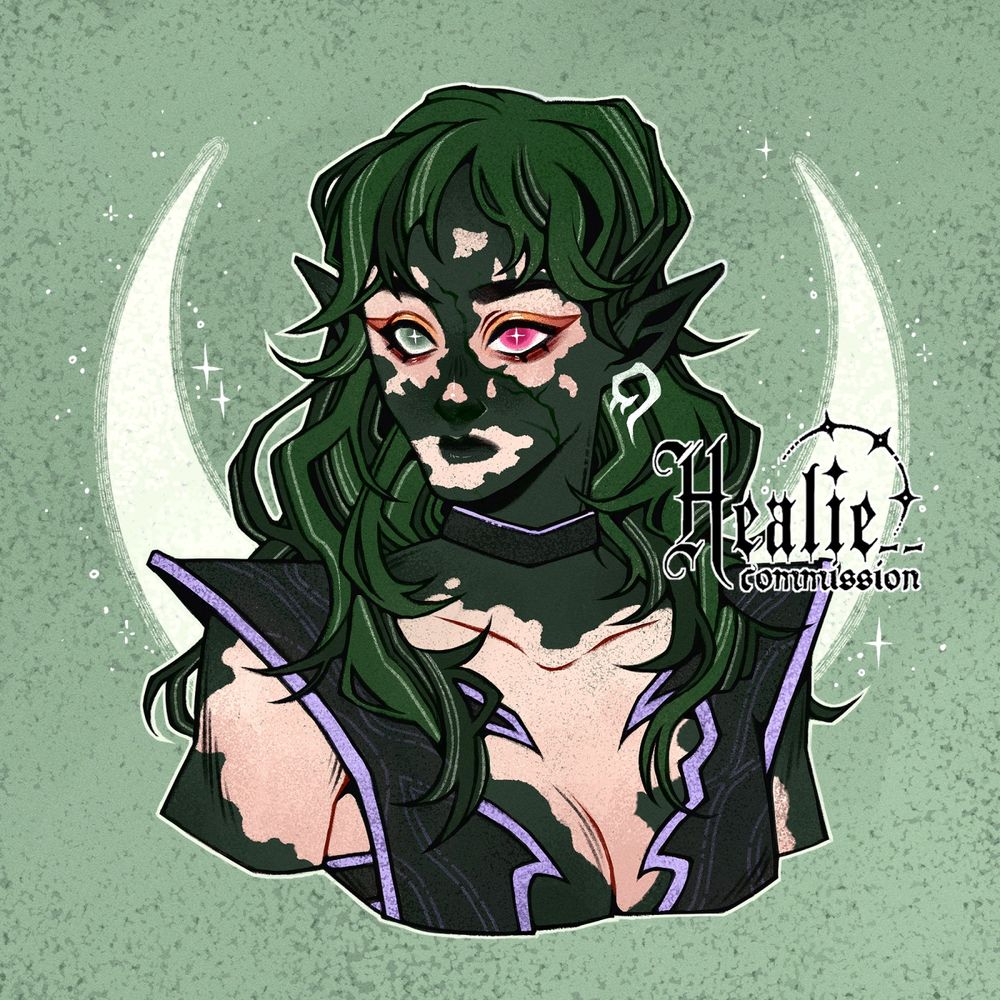 Portrait of a green hair drow with vitiligo patterns. They have gold red makeup framing their green and red heterochromia eyes. A swirling dragon earring in silver sits on their ear. They have a purple black choker to match their deep plunged, shoulder flared top. The background is of a crescent moon against a textured green. 