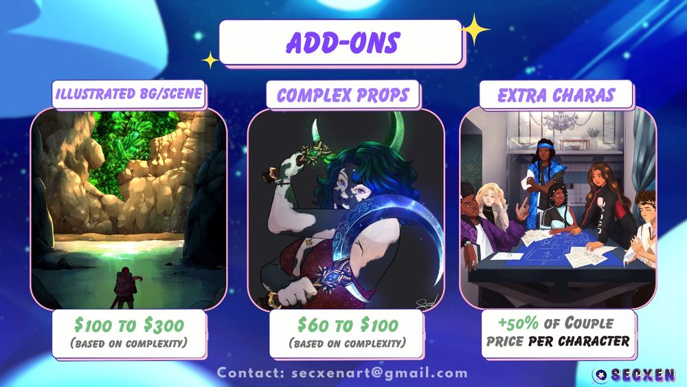 Add-ons. Illustrated BG is $100 to $300 based on complexity. Image depicts a watery cave with a shadowy figure looking forward at a hole in the cave wall, filled with green glowing crystals. Complex props are $60 to $100 based on complexity. Image depicts a character holding glowy green and blue crescent sickles. Extra charas are plus 50% of couple price per character. Image depicts several characters surrounding a table looking at blue prints and papers. Text at the bottom reads: contact secxenart@gmail.com