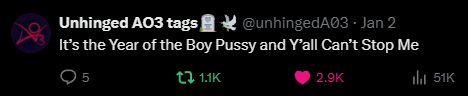 a screenshot of a tweet from the @unhingedA03 twitter account which reads:
"It's the Year of the Boy Pussy and Y'all Can't Stop Me"
It has 5 comments, 1.1k reposts, and 2.9k likes.