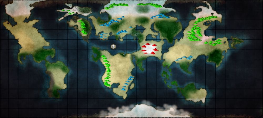 A world map with various climates of forests, deserts, plains, and icy environments.