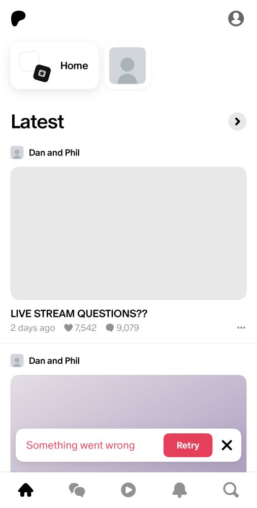 The Dan and Phil Patreon page not fully loaded with a pop-up at the bottom that says something went wrong retry