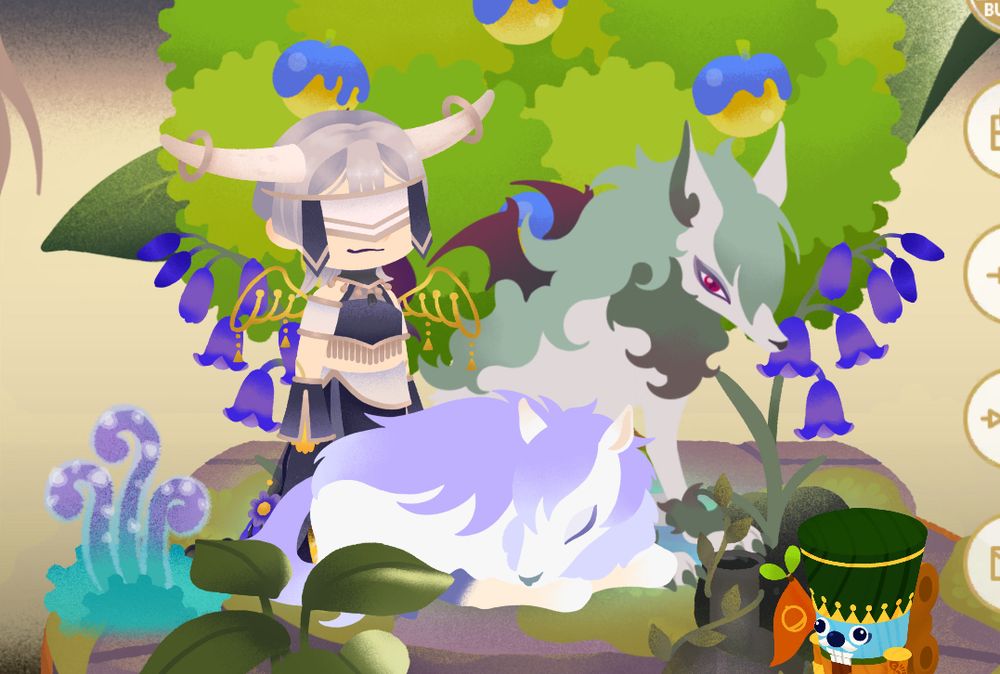 スマホゲーム『リヴリーアイランド』のスクショ。飼っているペット(リヴリー)がアバターの足元で寝ている。