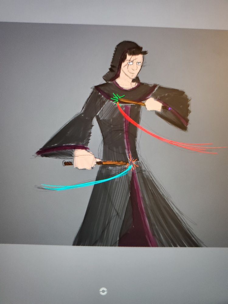 Sketch of a wizard wielding two wands like daggers and he has two scars on his face like a cool guy.