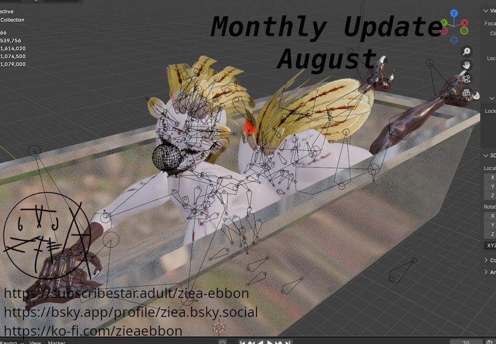 wip screenshot from blender showing a 3d model of an owl woman in a bath tub with armature bones visible. 
Image has text on top reading "Monthly Update August"