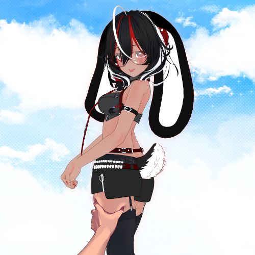A picture of Auran, a crimson moon bunny VTuber with long black floppy ears and white fur inside, black hair with white and red highlights, wearing round glasses and red eyes, sticking out her tongue. She is facing away from the camera, but has her body and head turned backwards to look at the camera. She is in a suit-styled bikini oufit and short shorts with straps attached to legging/tights, and in between she is showing thigh skin, which there is a painted hand pinching the back of her left thigh. Her cute fluffy bunny tail is sticking out from her butt. She is wearing a red necktie and has a black leather strap on her left arm and is wearing a red belt above her shorts. Background is blue sky with clouds.