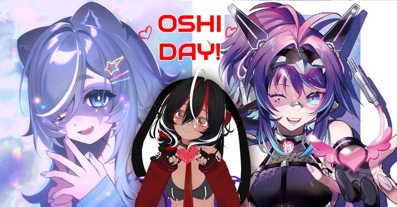 Auran holding up heart fingers in front of a picture of Snuffy and Projekt Melody. Title text says "Oshi Day!" with two hand-drawn hearts next to it.