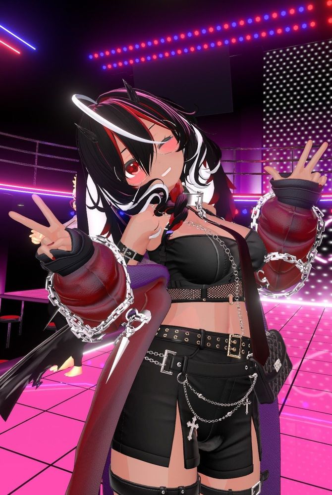 Auran, a lunar bunny 3D VTuber with medium skin tone, long soft black fluffy ears that doop down to the chest with white fur inside, shoulder-length black hair with white and red highlights and curls at the bottom, tied into a braid on the right shoulder, with large red eyes nd wearing large circular glasses, in a black leather gothic halter top with lace waistband, gothic short shorts with slits down the front of each leg, 2 belts and silver chains over arms and down from a silver collar on their neck to their waist, with a black luxury-styled puffy quilt purse. Auran is winking and holding their hands up in a peace sign, in a dance floor night club venue with pink and blue neon lights.