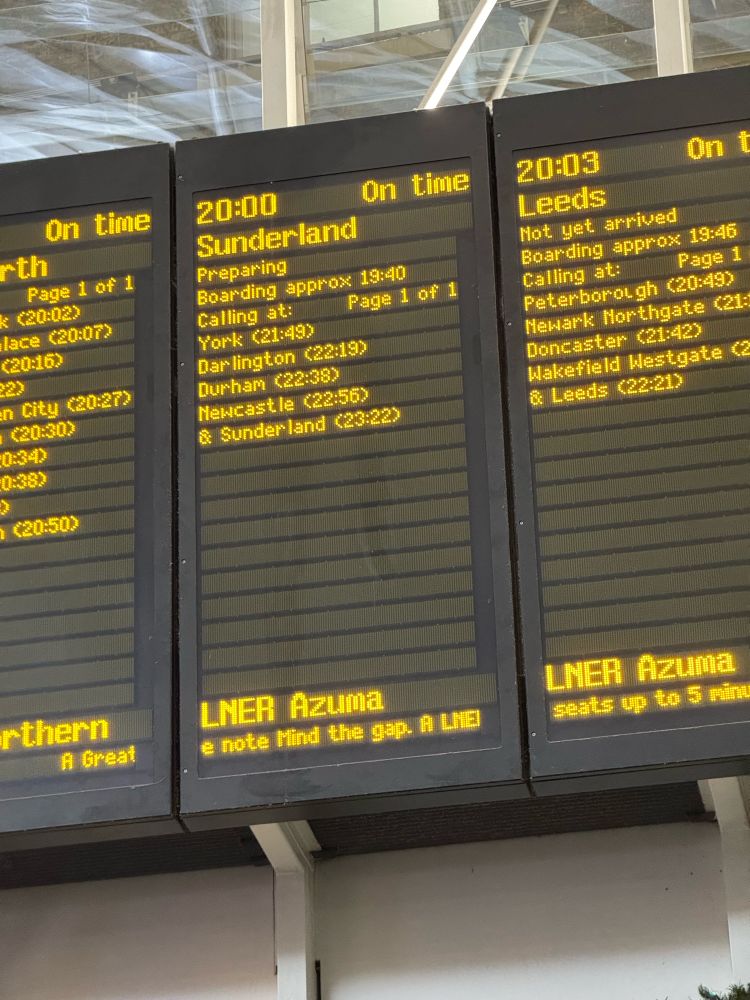 Departure board displaying the 2000 LNER Azuma to Sunderland 