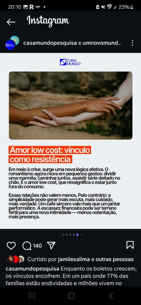 Post do Instagram falando sobre Amor low cost: vínculo como resistência.