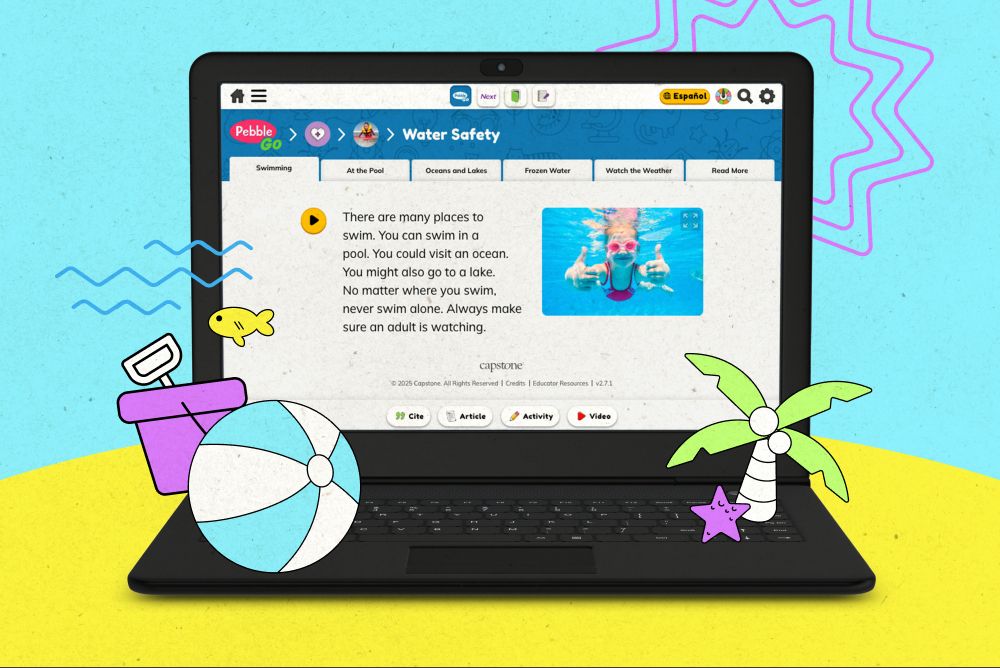 Laptop open to PebbleGo water safety article.