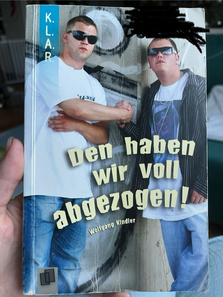 Ein Buchcover, abgebildet sind zwei Jugendliche, die dem Klischee eines Schulbullies entsprechen, Titel des Buches: "Den haben wir voll abgezogen" 
