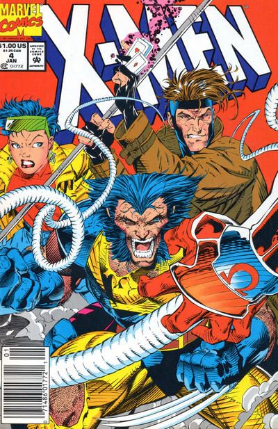 The cover of X-Men #4 (1992) with Wolverine, Gambit, and Jubillee all standing, braced and ready to fight, and Omega Red’s left hand and carbonadium tentacle in the foreground, about to attack our heroes with his mutant death factor.