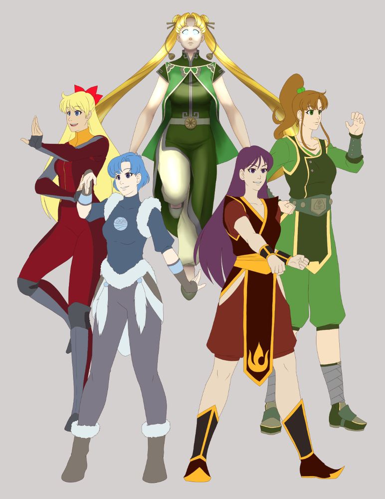 Inner Sailor Scouts and Sailor Moon as benders from Avatar The Last Airbender/Korra Universe. Sailor Moon is the Avatar, Sailor Venus is Air Nomad, Sailor Mercury is Water Tribe, Sailor Mars is Fire Nation and Sailor Jupiter is Earth Kingdom