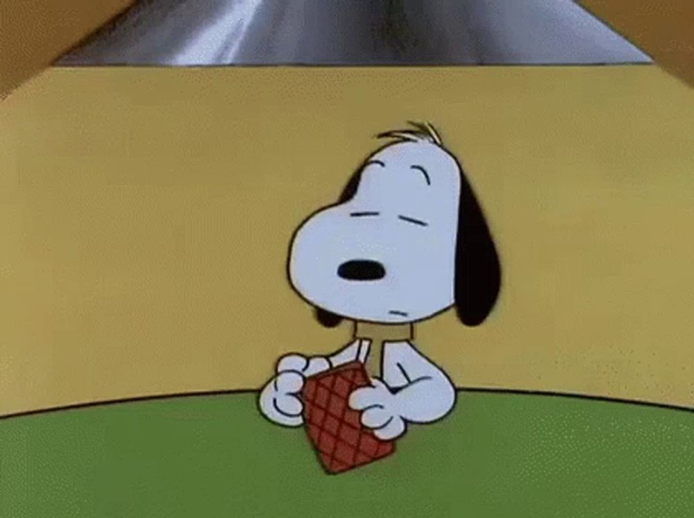 snoopy is sitting at a table with four playing cards and pointing at them .