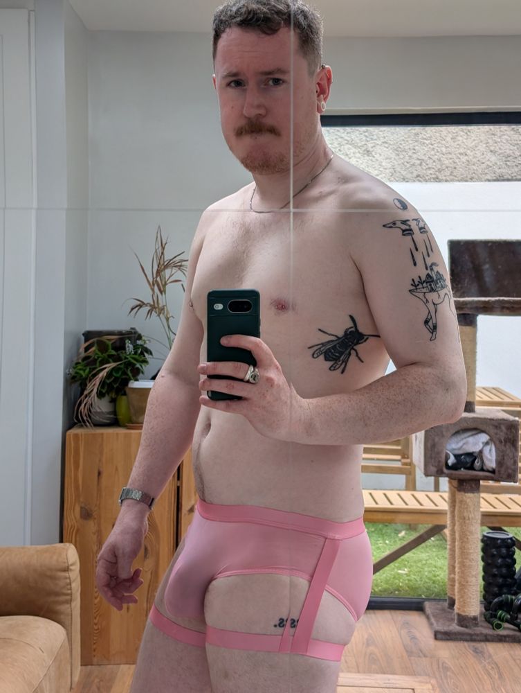 White man taking selfie in mirror, the wearing pink underwear with thigh straps