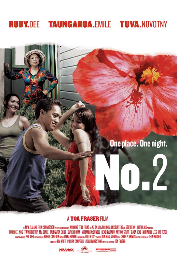 Poster for the Toa Fraser movie No. 2

A bright hibiscus flower sits alongside images of young adults dancing, overseen by nanny in a floral dress and brimmed hat