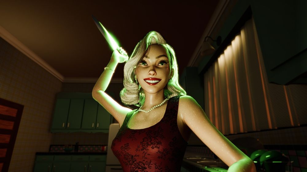 3d rendering of a blond woman with a knife raised above her head, smiling, about to strike. Green light spilling over her.