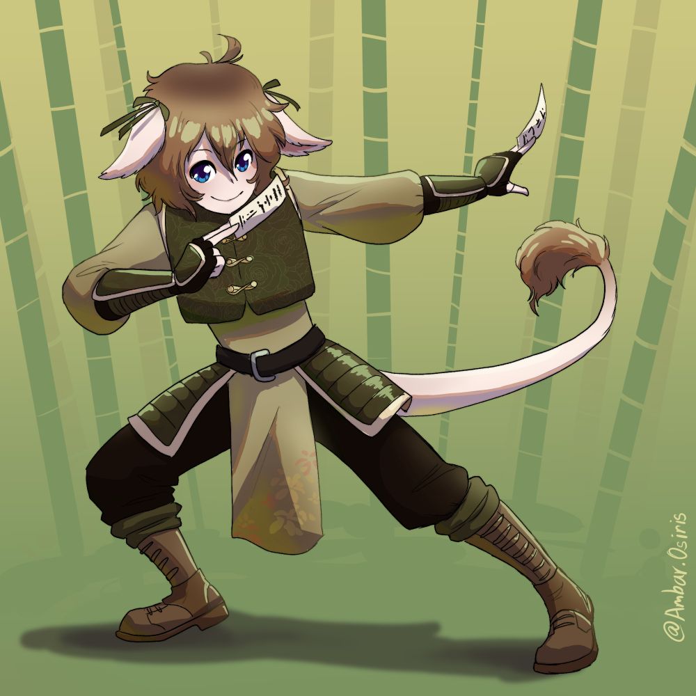 A fantasy outfit themed demi-human kohaku.  They in front of a background of several bamboo plants. They have thin green ribbon tied in bows in their ears. Their outfit is shade of brown, green and olive.  Their undershirt is long loose sleeves with green gloves that cover their hands to forearms.  They have armor covering their outside of their upper thighs on the outside of their legs. They have dark brown pants with green ends just above their brown leather boots that the pants are tucked into.