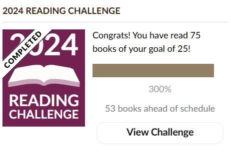 screenshot of goodreads.com's reading challenge showing a completed challenge with 75 books read and a 25 book goal. 