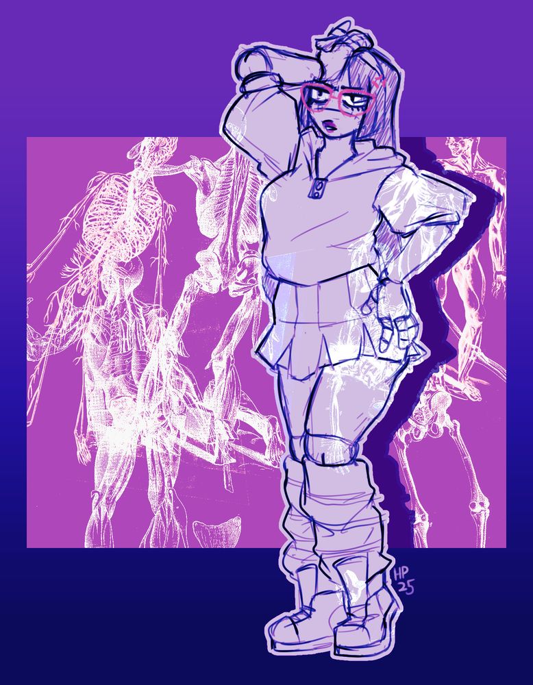 Quinn Darling, a dollgirl with long, straight, dark hair, red glasses, and a frustrated look on her face, stood in front of a projection of human anatomy diagrams.