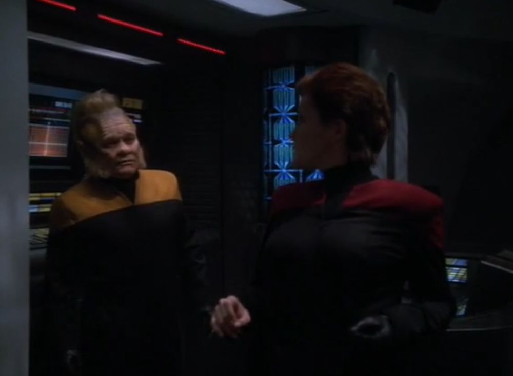 Star Trek Voyager s03e23 Living Witness. Neelix is pictured in a security uniform