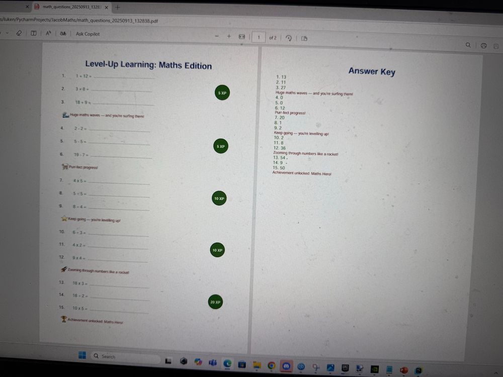 Output from a Python program that generates work sheets based on nuisance from my son’s school math curriculum 