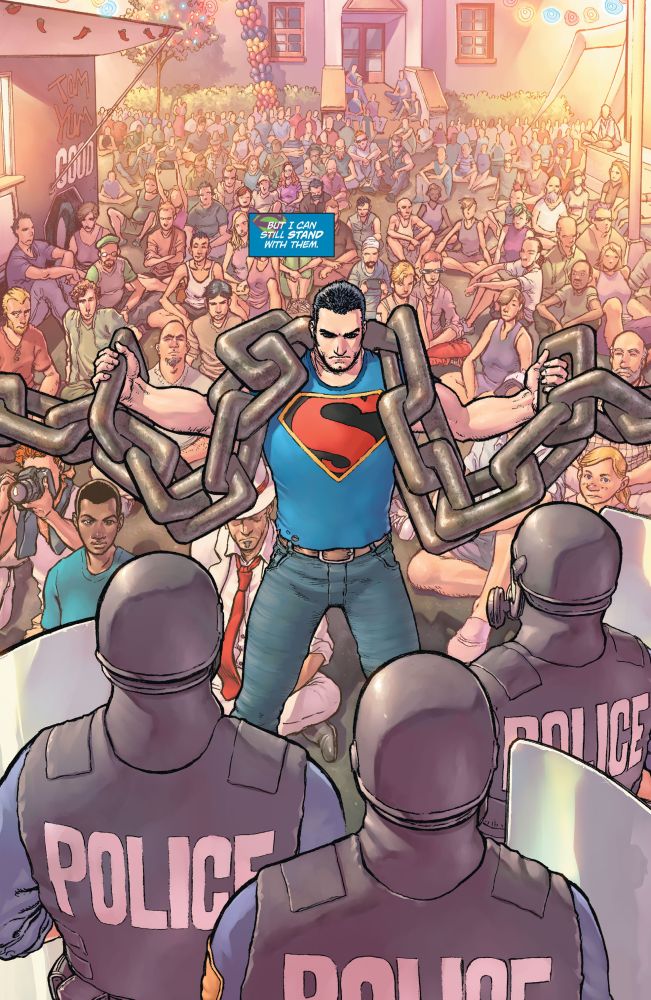 Superman protecting peaceful protestors against fascist instigators with a giant chain