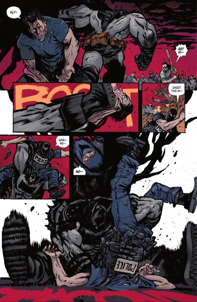 Absolute Batman doing Kenny Omega’s Finisher, the One Winged Angel, on a white supremacist cop