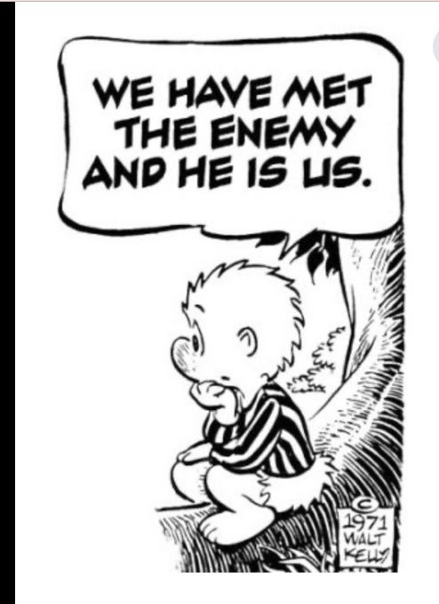 Black and white Walt Kelly Pogo cartoon reading we have met the enemy and he is us.