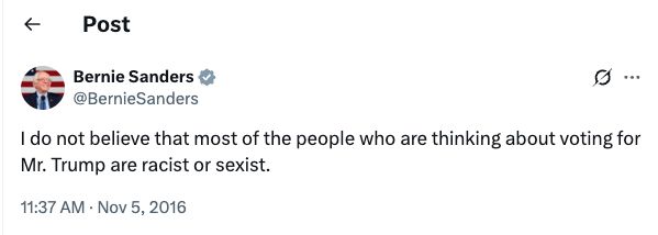 Twitter post from Bernie Sanders saying I do not believe that most of the people who are thinking about voting for Mr. Trump are racist or sexist.