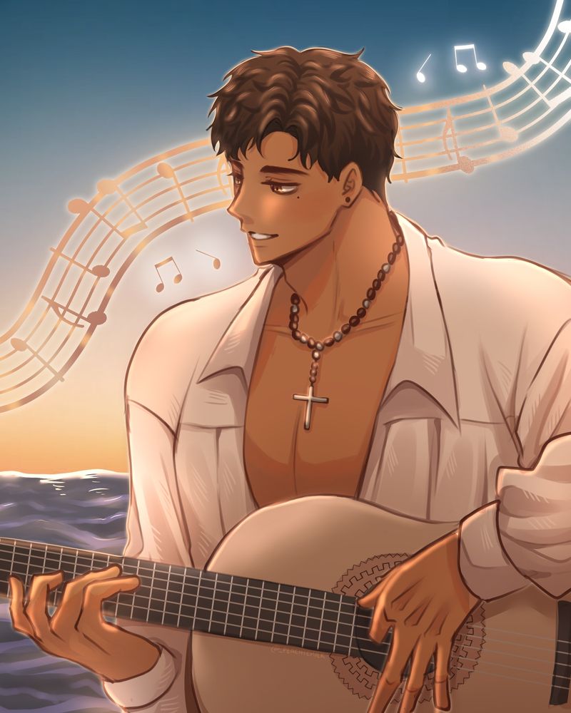 A character named Dante from Daybreak, is playing with his guitar near the ocean.
