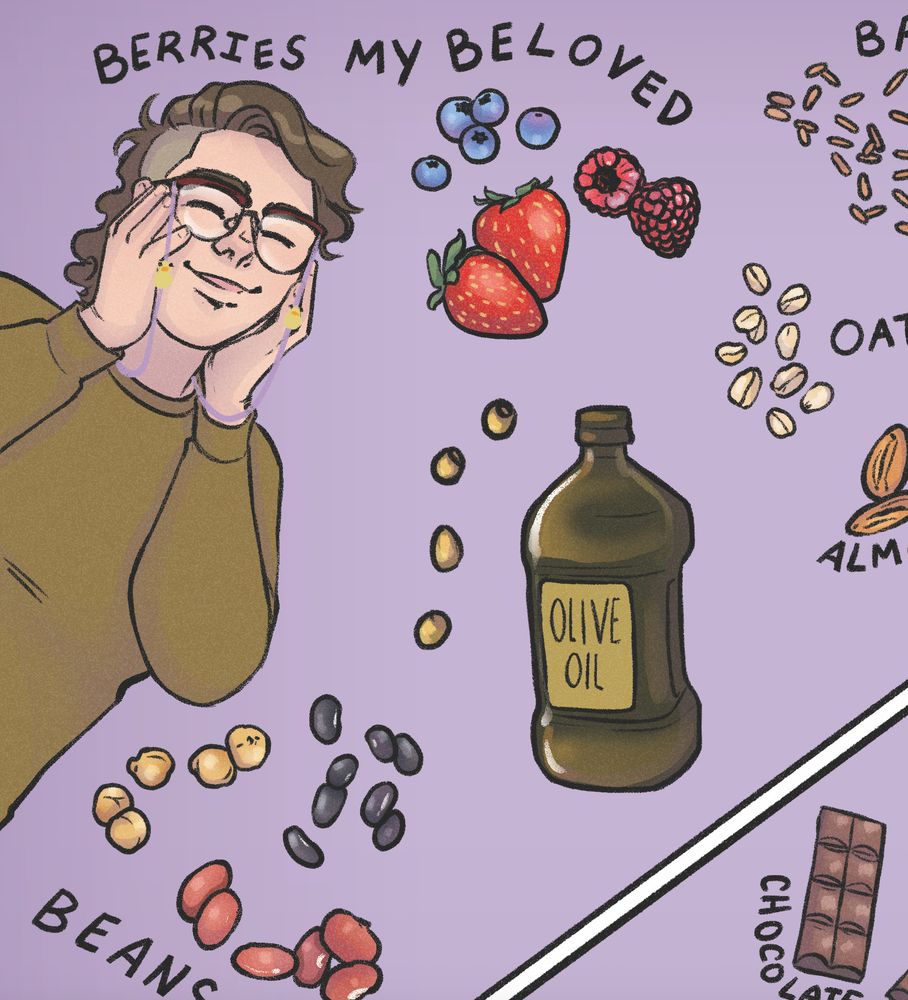 Close-up of a comic panel of a lesbian confessing love to different foods floating around her including berries, beans, and olive oil