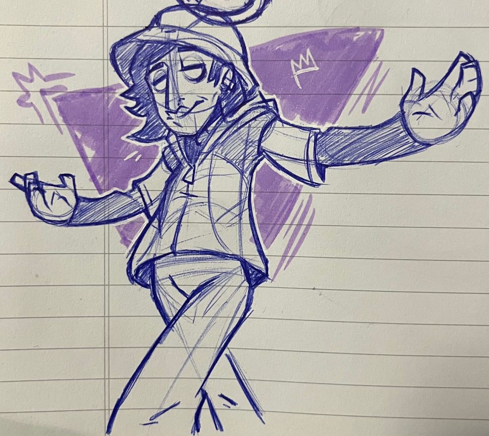 A sketch of Emcee Jacky from the Incredibox mod Downtown, created by PersonFromBrazil. Viewed from a slight worm’s eye view, he’s walking forwards with his arms raised up like he’s hyping a crowd up as he enters the stage