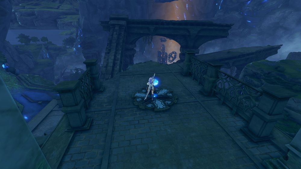 A Blue Protocol character at a waypoint overlooking mysterious ruins in a valley below.