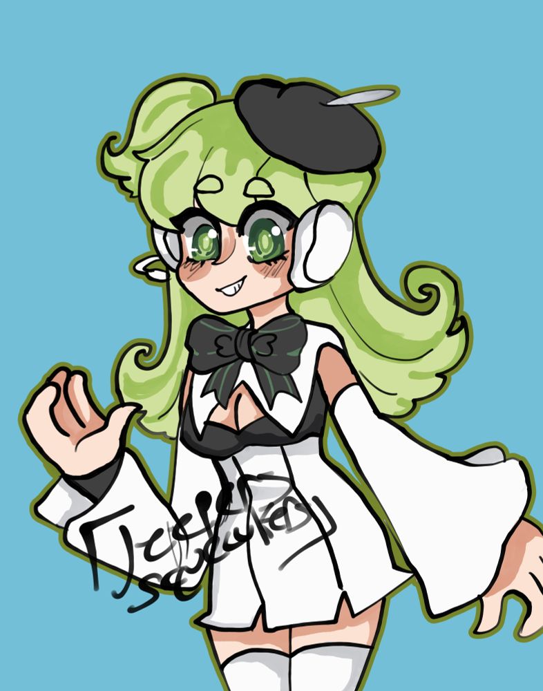 a digital drawing of the utau and vocaloid character Macne Nana, she has long pastel green hair with a side ponytail and is wearing a black beret and a black and white mini dress with detached sleeves.
