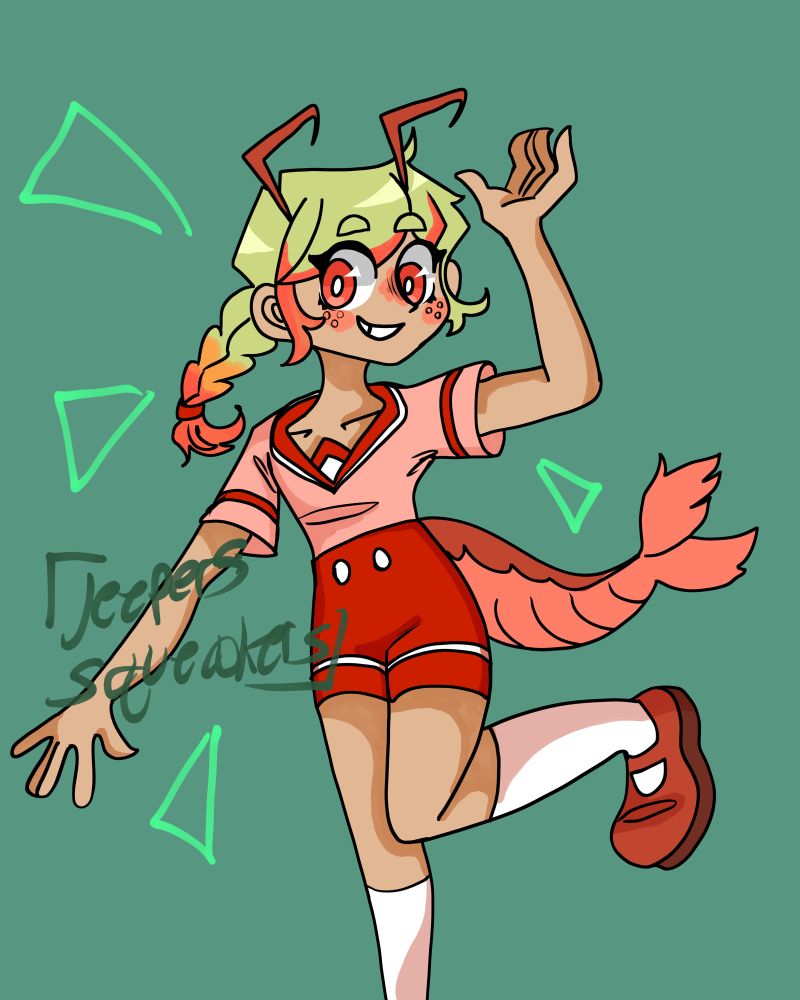 A crisp digital illustration of an anime anthro shrimp girl in a red sailor outfit. She has blonde hair with pink streaks pulled into a braid. As well as shrinp antennae and a shrimp tail.