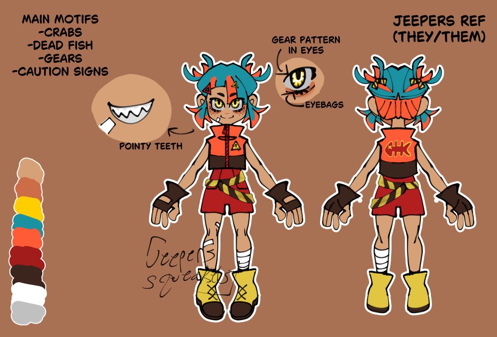 A front/back character reference of a blue and orange haired anime character meant to resemble a crab through their spiky pigtails. They have on an industrial and techwear inspired outfit with a caution tape belt and a repeating motif of triangles and caution signs.  