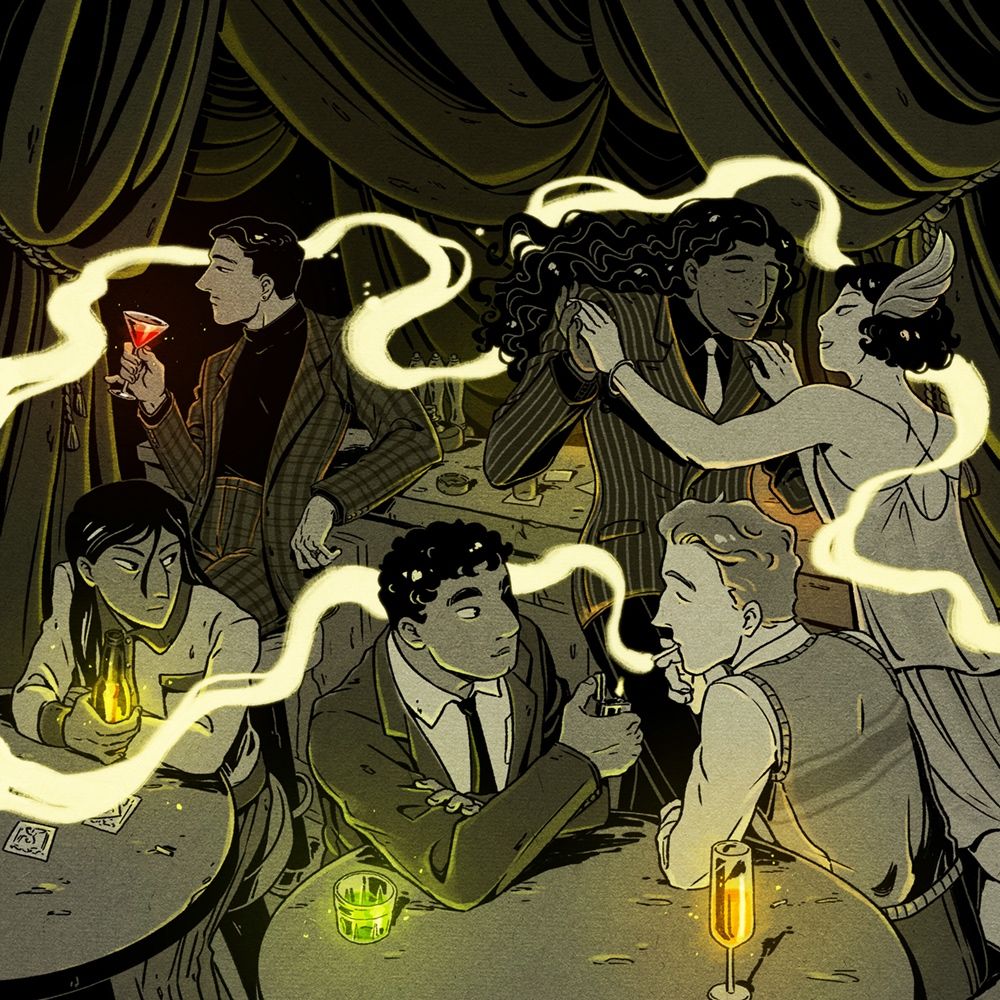 Illustration of 6 characters in a 1920s period setting, sitting around small bar tables in a dimly lit room. Some are smoking, some are dancing and some are drinking. All of the drinking glasses glow with bright colors while the rest of the room is dark and monotone