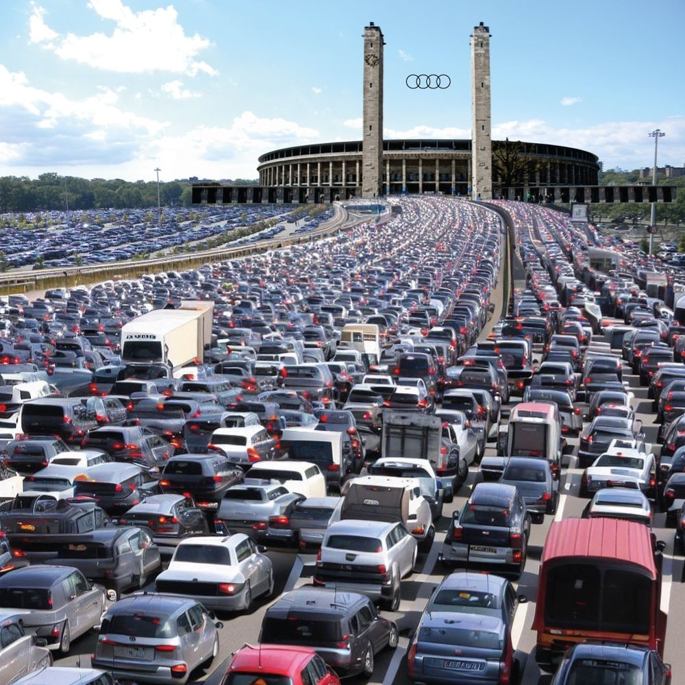 Fotomontage. Hinten Olympiastadion, vorne Stau.