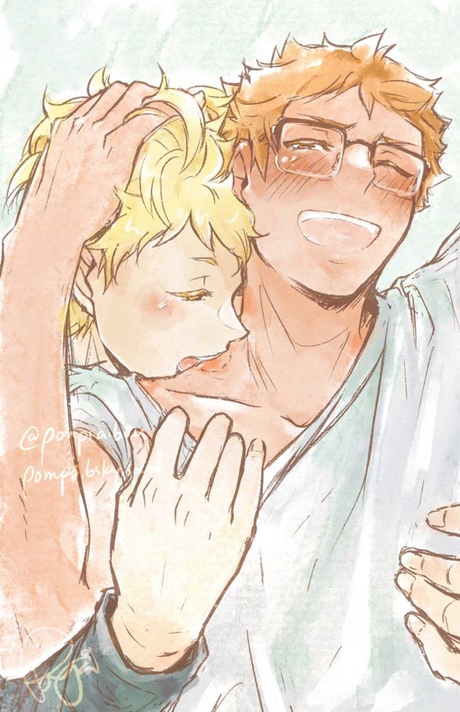 tk biting hn's neck from behind while one hand pulls down the neck of his shirt. hn wearing tk's glasses smiling but also slightly wincing with his hand going through tk's hair