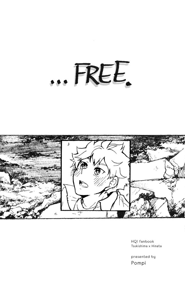Title: ...FREE.
Hinata's face looking up in a square panel that overlaps a horizontal panel background of dirt and broken concrete blocks
HQ! fanbook
Tsukishima x Hinata
presented by Pompi
