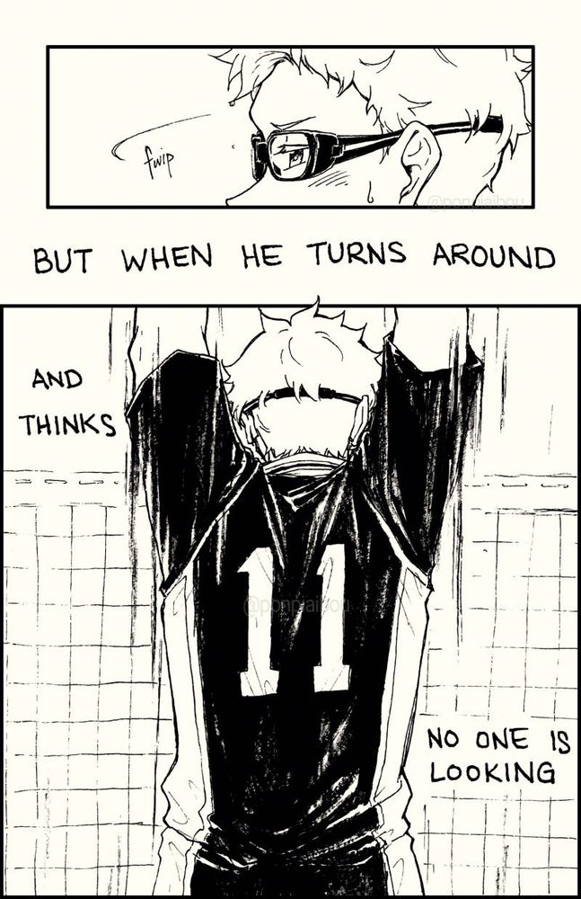 [panel of T looking away]
BUT WHEN HE TURNS AROUND

AND THINKS [T's back as he goes up for a block in game jersey uniform] NO ONE IS LOOKING