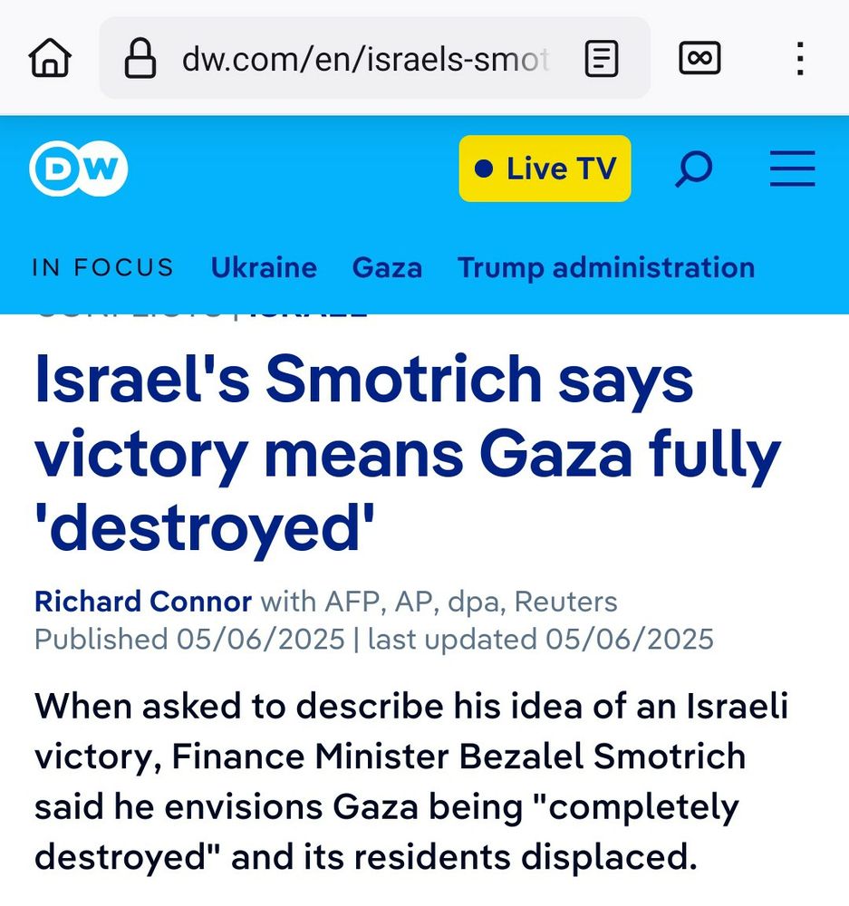 DW article about Smotrich saying he wants Gaza destroyed