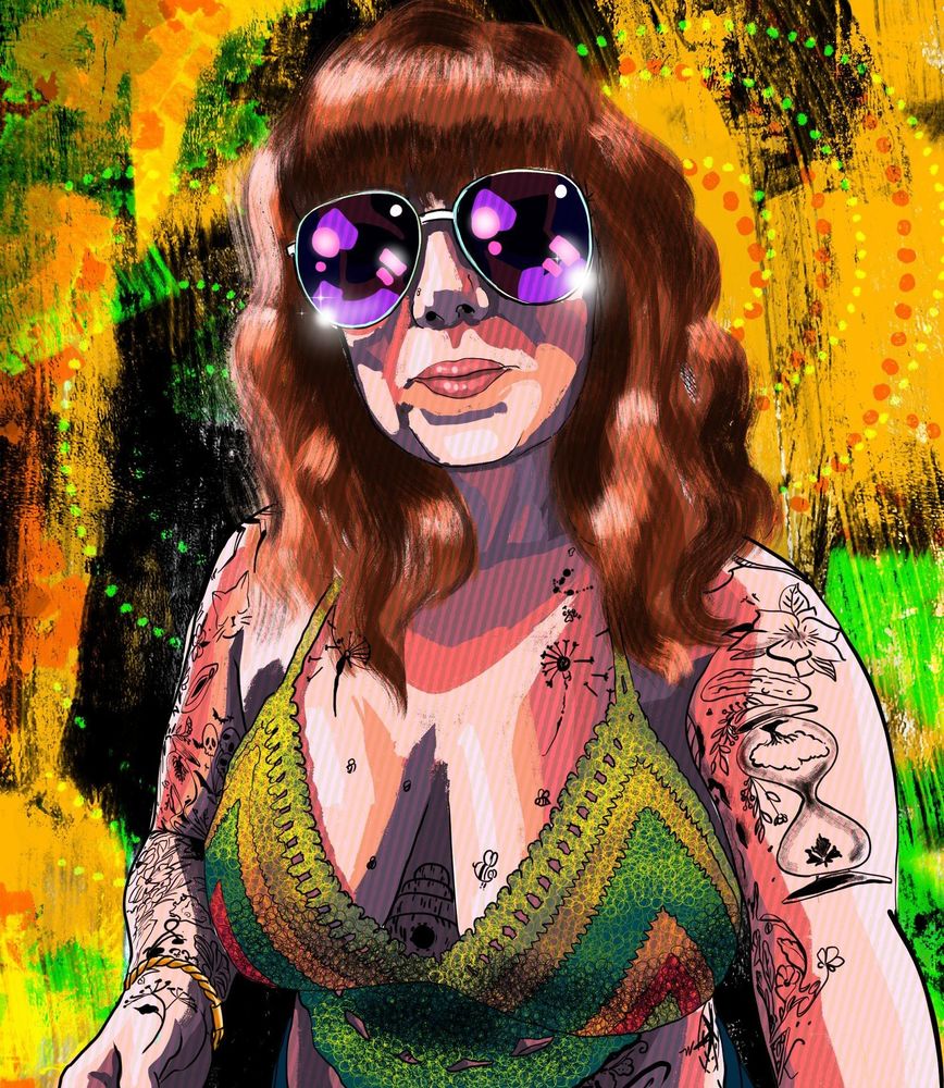 Funky portrait of a woman with sunglasses and a crochet top 