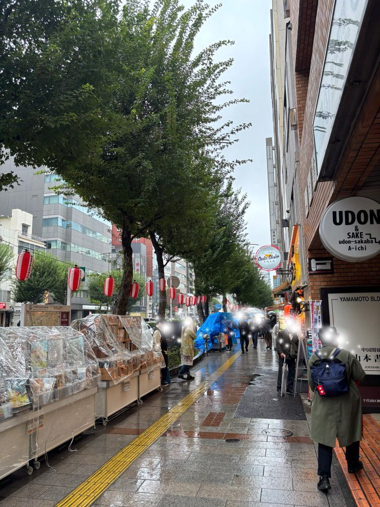 神田古本まつりの様子。
雨よけのカバーが歩道左の本がたくさん並んだワゴンにかかっている。傘をさしている人もいればそうでない人もおり、雨は小ぶりな様子。