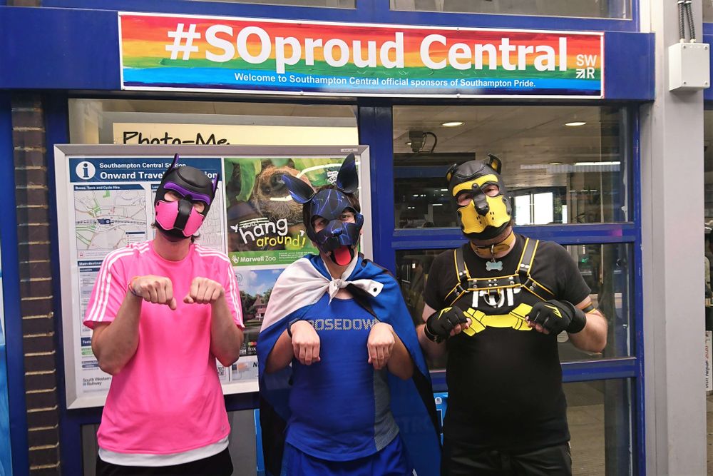 Echo, Sparky, and Condor at Southampton Central station, renamed to #SOproud Central to celebrate Southampton Pride.